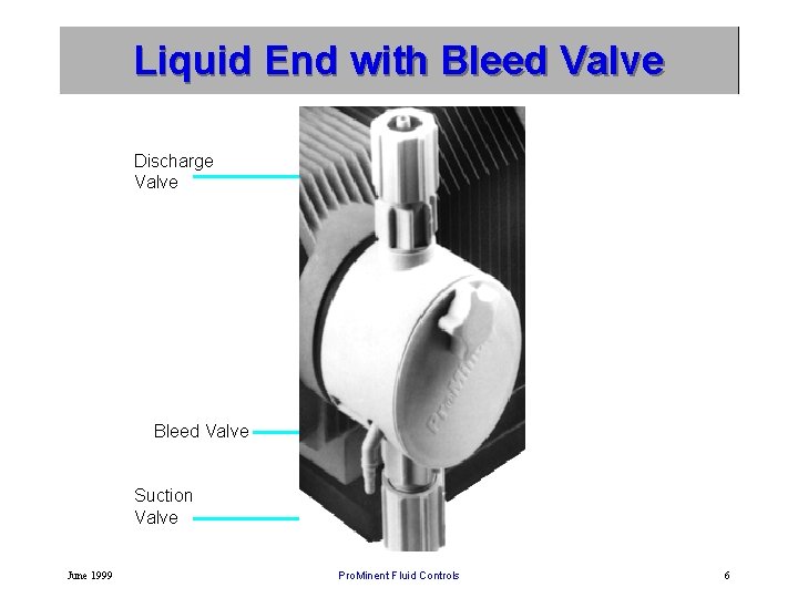 Liquid End with Bleed Valve Discharge Valve Bleed Valve Suction Valve June 1999 Pro.