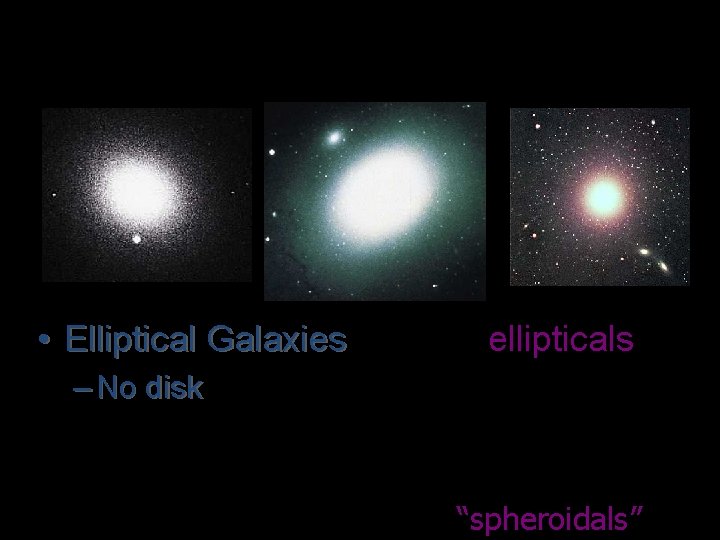  • Elliptical Galaxies (or just “ellipticals”) – No disk! disk old! “spheroidals” 