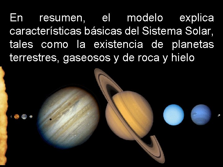 En resumen, el modelo explica características básicas del Sistema Solar, tales como la existencia