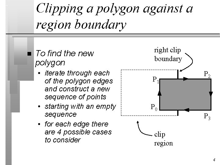 Clipping a polygon against a region boundary n To find the new polygon •