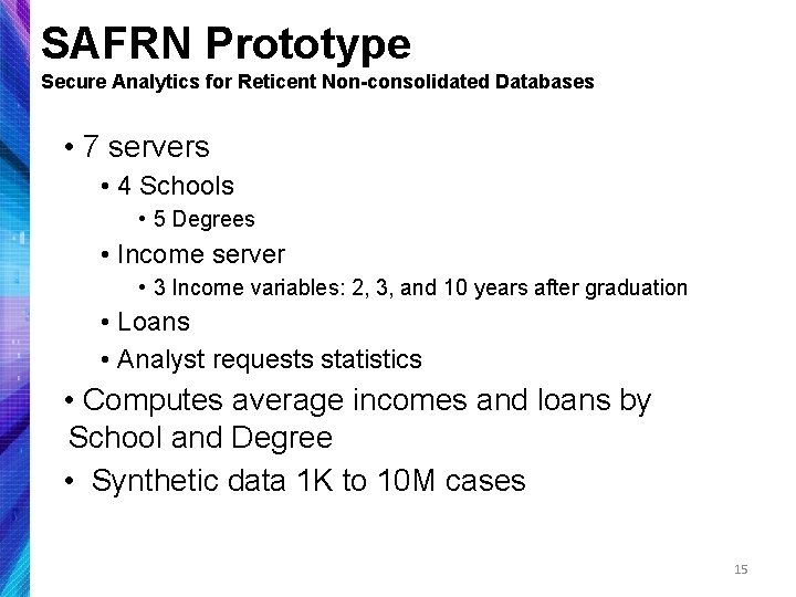 SAFRN Prototype Secure Analytics for Reticent Non-consolidated Databases • 7 servers • 4 Schools