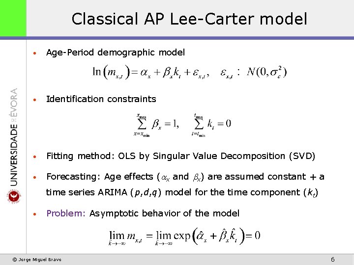 Classical AP Lee-Carter model • Age-Period demographic model • Identification constraints • Fitting method: