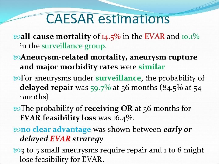 CAESAR estimations all-cause mortality of 14. 5% in the EVAR and 10. 1% in