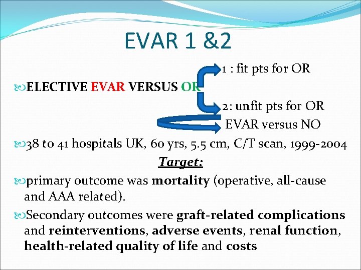 EVAR 1 &2 1 : fit pts for OR ELECTIVE EVAR VERSUS OR 2: