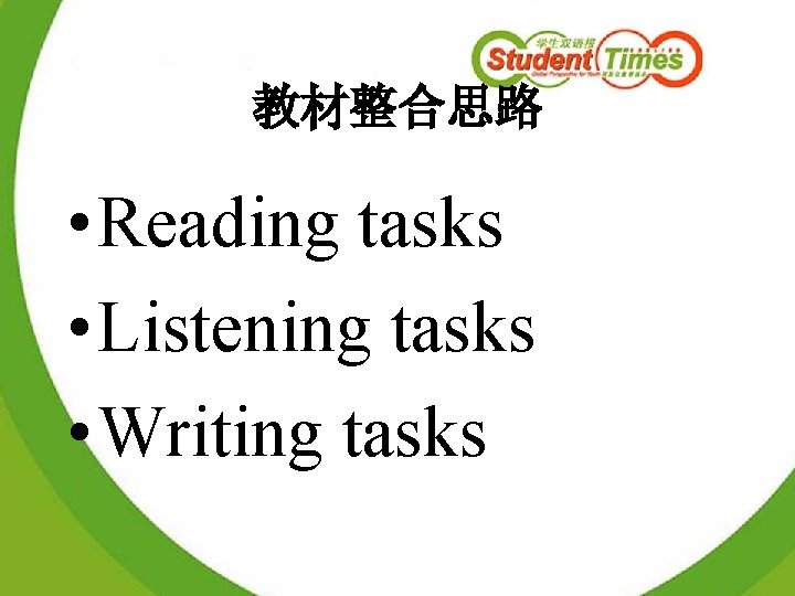 教材整合思路 • Reading tasks • Listening tasks • Writing tasks 