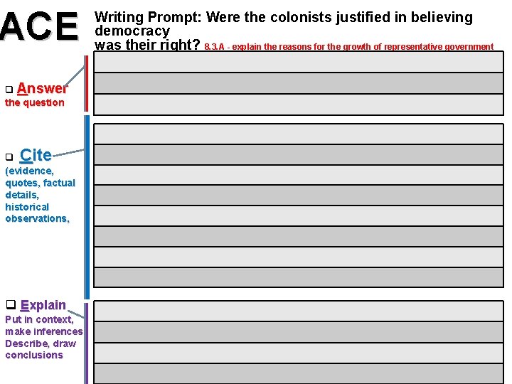 ACE Writing Prompt: Were the colonists justified in believing democracy was their right? 8.