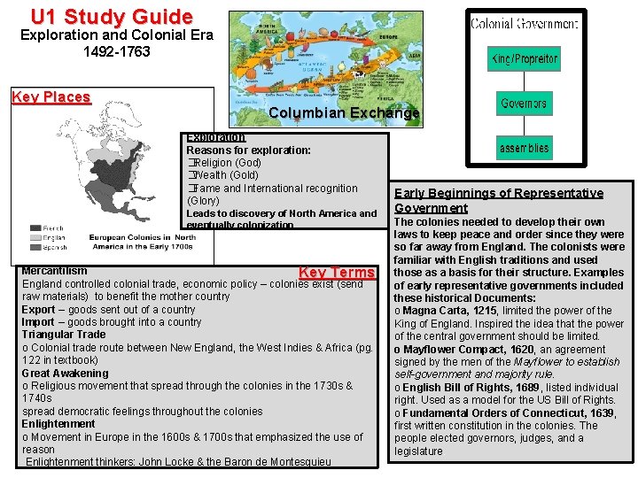 U 1 Study Guide Exploration and Colonial Era 1492 -1763 Key Places Columbian Exchange