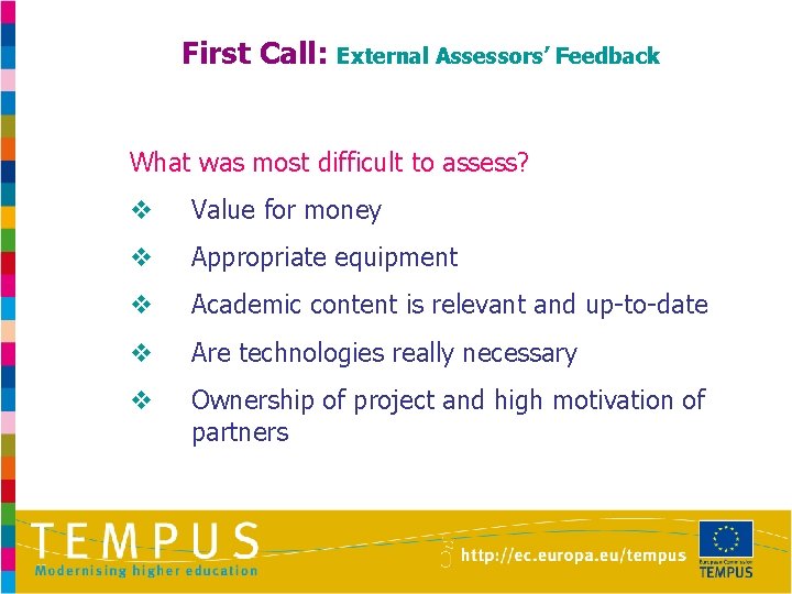 First Call: External Assessors’ Feedback What was most difficult to assess? v Value for