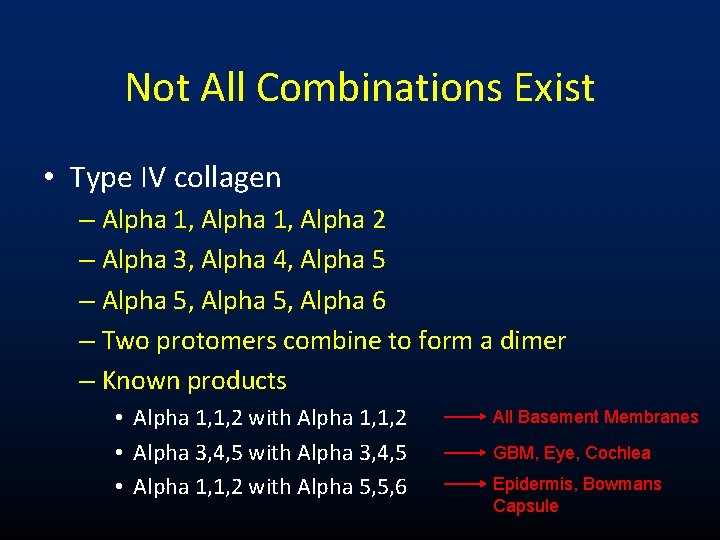 Not All Combinations Exist • Type IV collagen – Alpha 1, Alpha 2 –