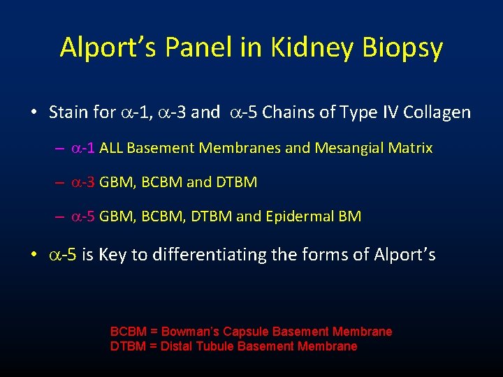 Alport’s Panel in Kidney Biopsy • Stain for a-1, a-3 and a-5 Chains of