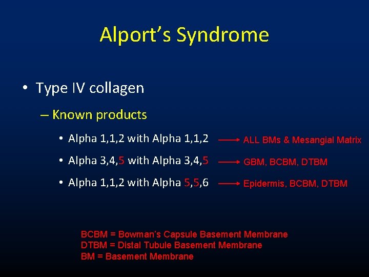 Alport’s Syndrome • Type IV collagen – Known products • Alpha 1, 1, 2