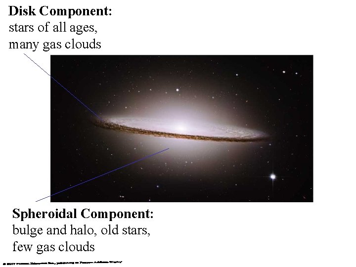Disk Component: stars of all ages, many gas clouds Spheroidal Component: bulge and halo,