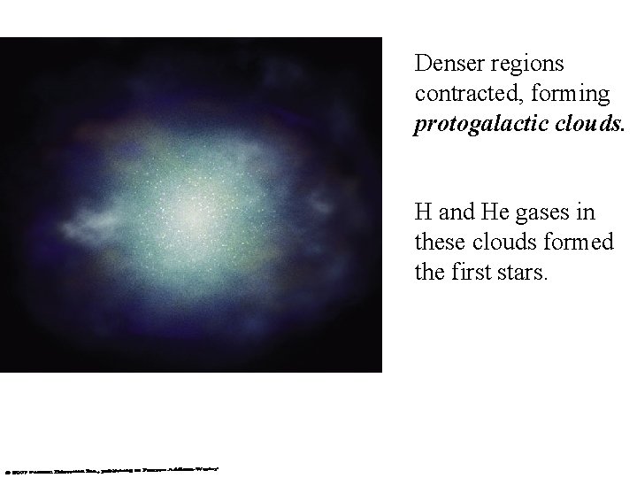 Denser regions contracted, forming protogalactic clouds. H and He gases in these clouds formed