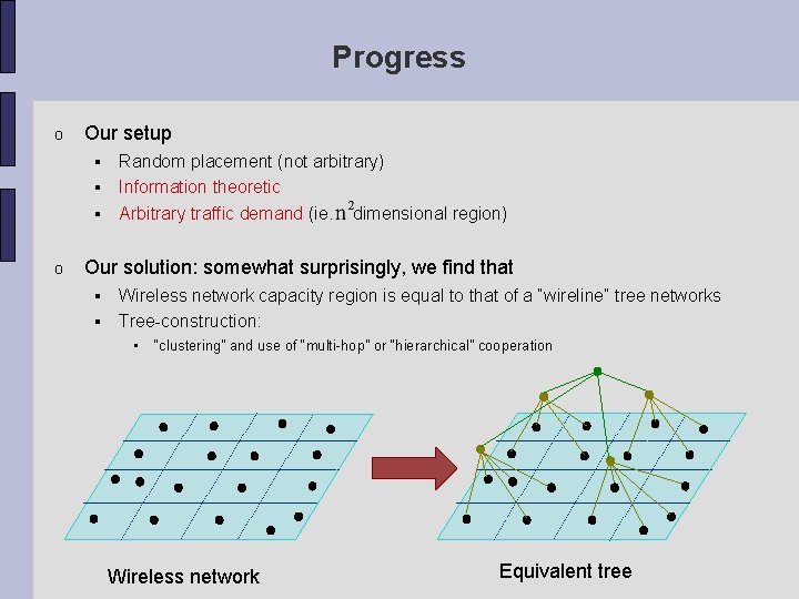 Progress o Our setup o Random placement (not arbitrary) Information theoretic Arbitrary traffic demand
