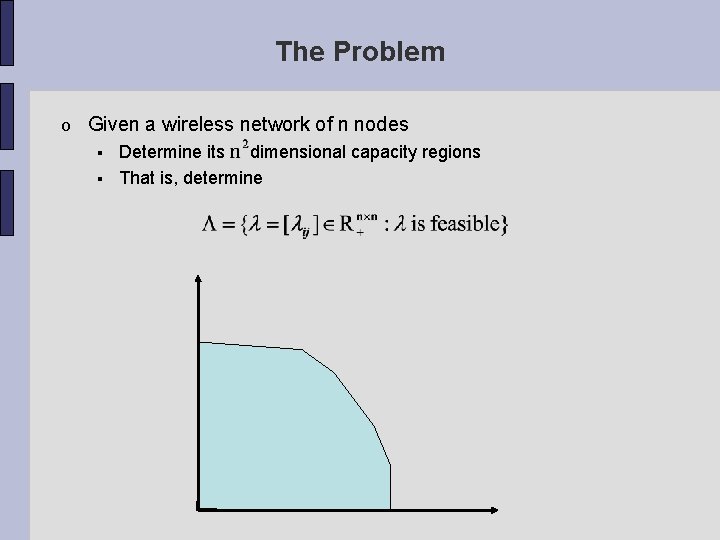 The Problem o Given a wireless network of n nodes Determine its dimensional capacity