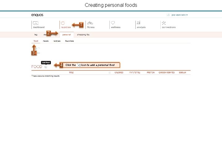 Creating personal foods 1 2 3 4 Click the icon to add a personal