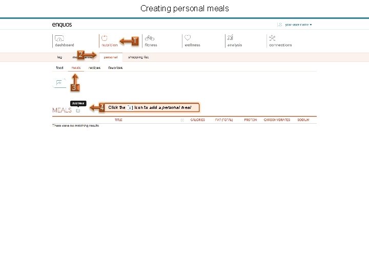 Creating personal meals 1 2 3 4 Click the icon to add a personal