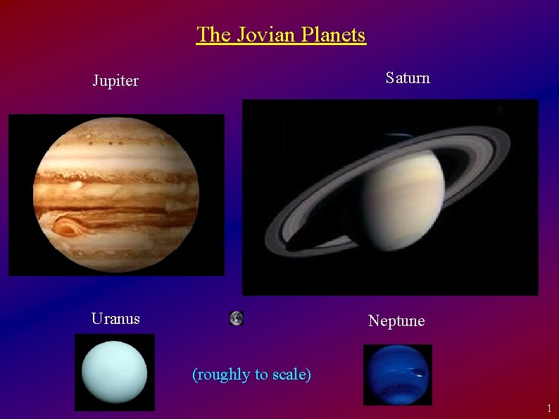 The Jovian Planets Jupiter Saturn Uranus Neptune (roughly to scale) 1 