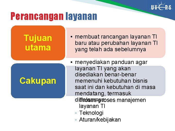 Perancangan layanan Tujuan utama • membuat rancangan layanan TI baru atau perubahan layanan TI