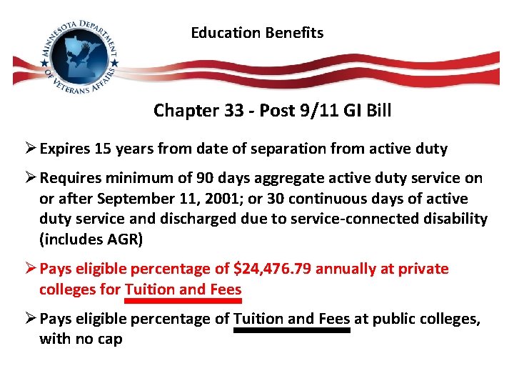 Education Benefits Chapter 33 - Post 9/11 GI Bill Ø Expires 15 years from