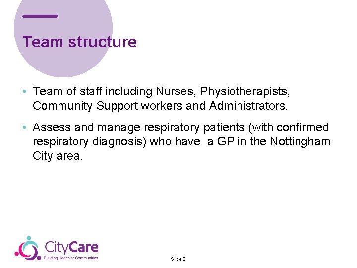 Team structure • Team of staff including Nurses, Physiotherapists, Community Support workers and Administrators.