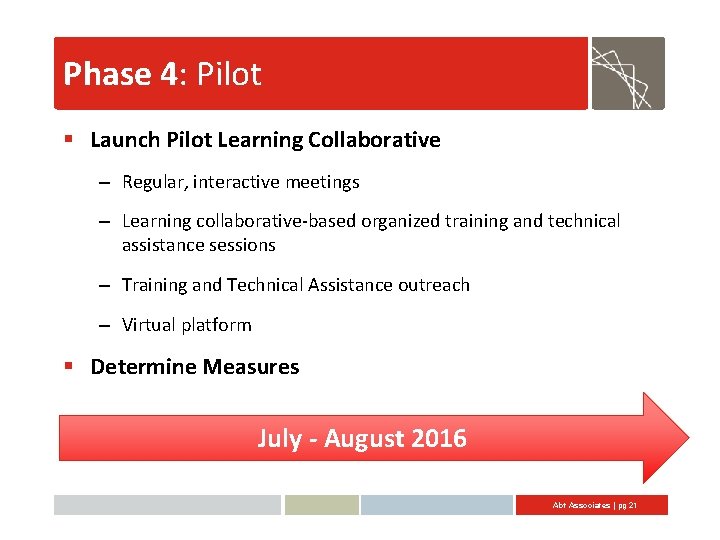 Phase 4: Pilot § Launch Pilot Learning Collaborative – Regular, interactive meetings – Learning