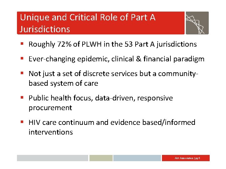 Unique and Critical Role of Part A Jurisdictions § Roughly 72% of PLWH in