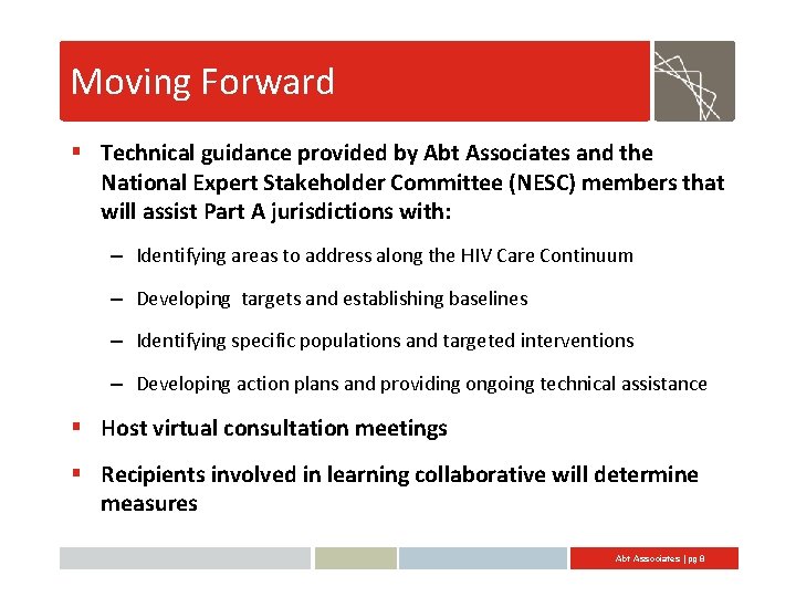 Moving Forward § Technical guidance provided by Abt Associates and the National Expert Stakeholder