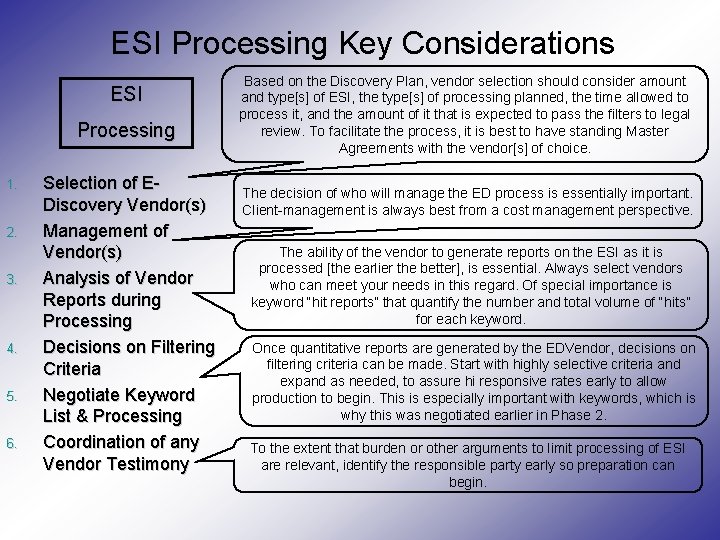 ESI Processing Key Considerations ESI Processing 1. 2. 3. 4. 5. 6. Selection of ESI Processing Key Considerations ESI Processing 1. 2. 3. 4. 5. 6. Selection of