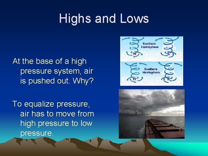 Highs and Lows At the base of a high pressure system, air is pushed