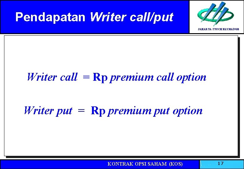 Pendapatan Writer call/put JAKARTA STOCK EXCHANGE Writer call = Rp premium call option Writer