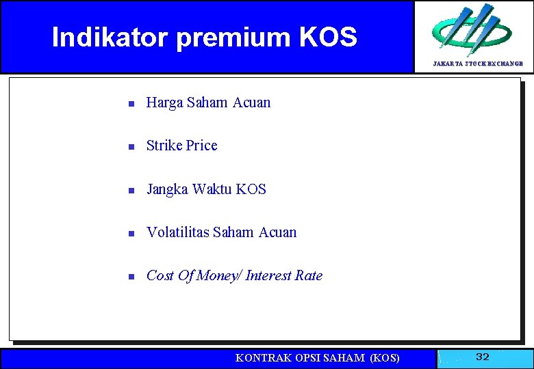 Indikator premium KOS JAKARTA STOCK EXCHANGE n Harga Saham Acuan n Strike Price n