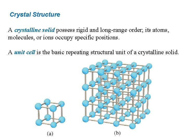 Crystal Structure A crystalline solid possess rigid and long-range order; its atoms, molecules, or