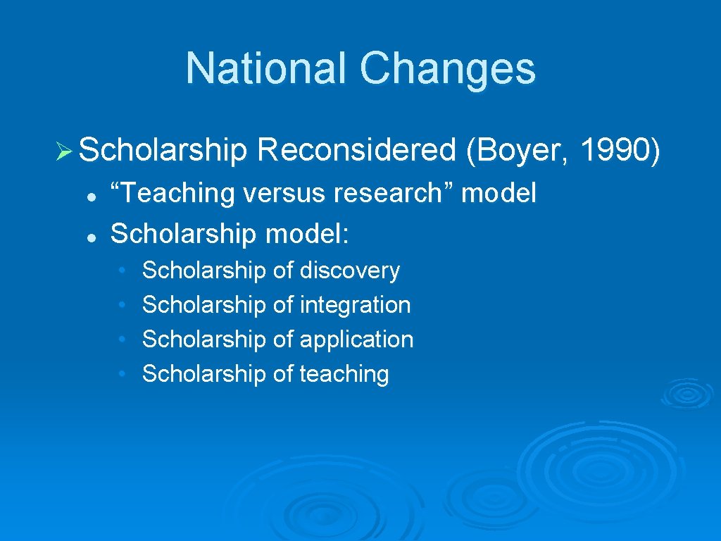 National Changes Ø Scholarship Reconsidered (Boyer, 1990) l l “Teaching versus research” model Scholarship