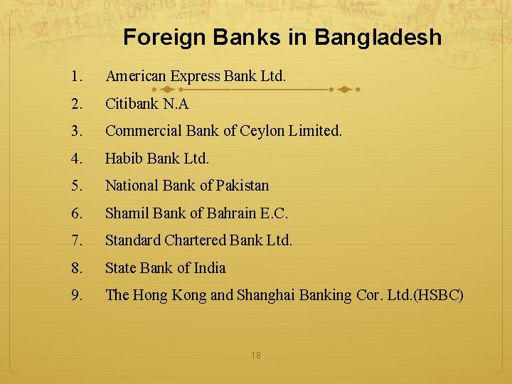 Foreign Banks in Bangladesh 1. American Express Bank Ltd. 2. Citibank N. A 3.