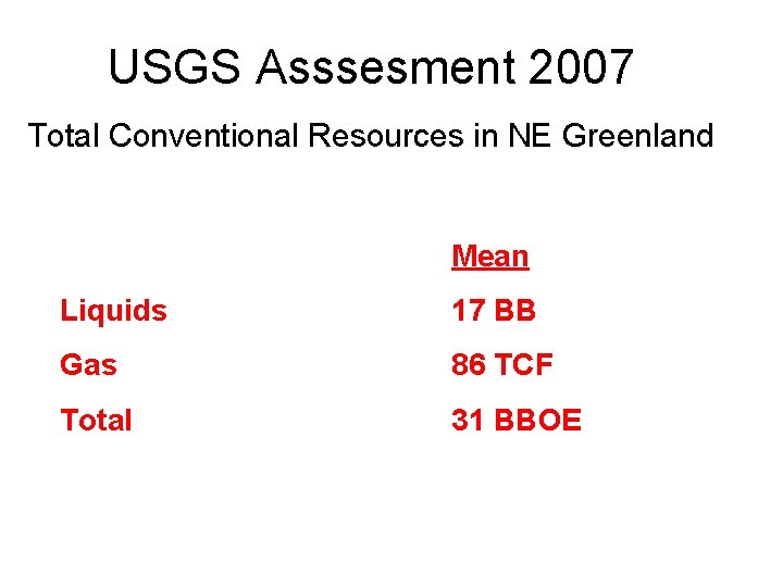 USGS Asssesment 2007 Total Conventional Resources in NE Greenland Mean Liquids 17 BB Gas