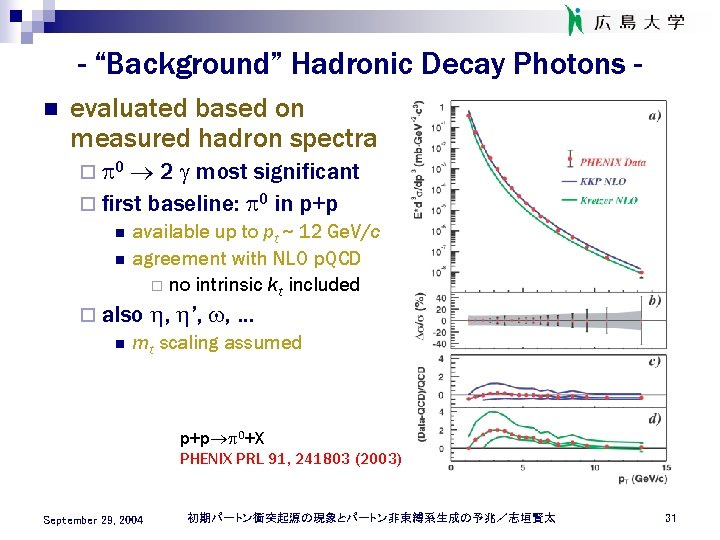 - “Background” Hadronic Decay Photons n evaluated based on measured hadron spectra ¨ p