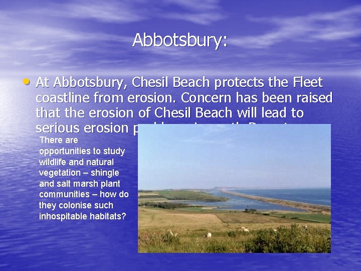 Abbotsbury: • At Abbotsbury, Chesil Beach protects the Fleet coastline from erosion. Concern has