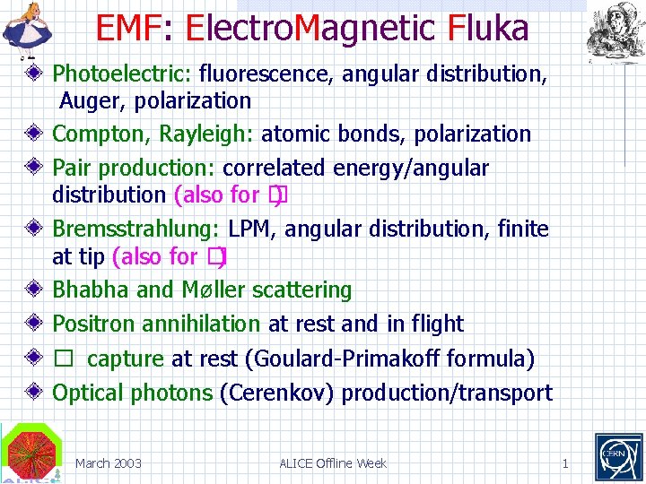 EMF: Electro. Magnetic Fluka Photoelectric: fluorescence, angular distribution, Auger, polarization Compton, Rayleigh: atomic bonds,