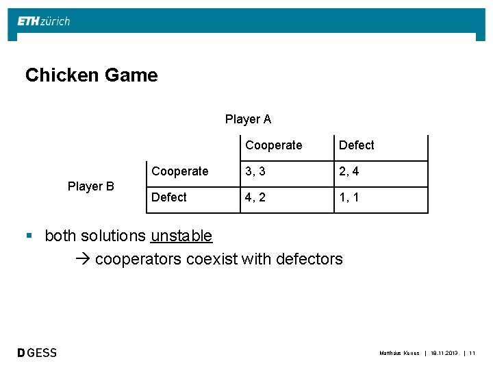 Chicken Game Player A Player B Cooperate Defect Cooperate 3, 3 2, 4 Defect