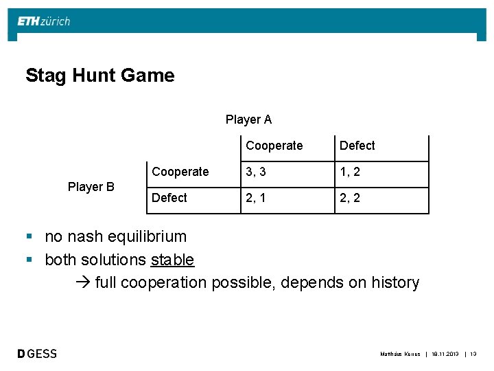 Stag Hunt Game Player A Player B Cooperate Defect Cooperate 3, 3 1, 2