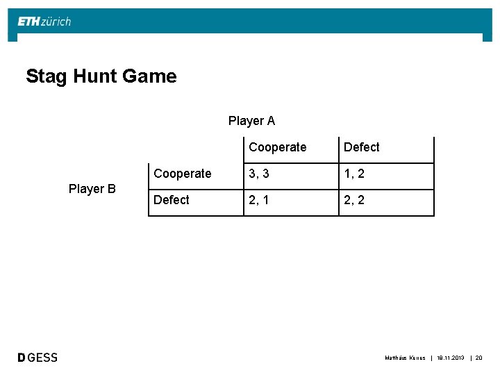 Stag Hunt Game Player A Player B Cooperate Defect Cooperate 3, 3 1, 2