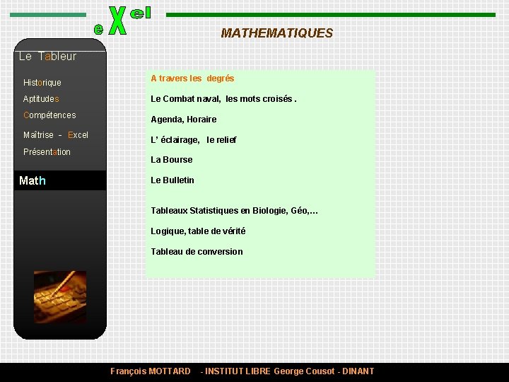 MATHEMATIQUES Le Tableur Historique A travers les degrés Aptitudes Le Combat naval, les mots