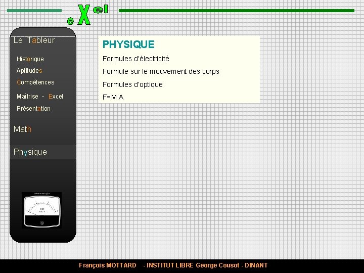 Le Tableur PHYSIQUE Historique Formules d’électricité Aptitudes Formule sur le mouvement des corps Compétences