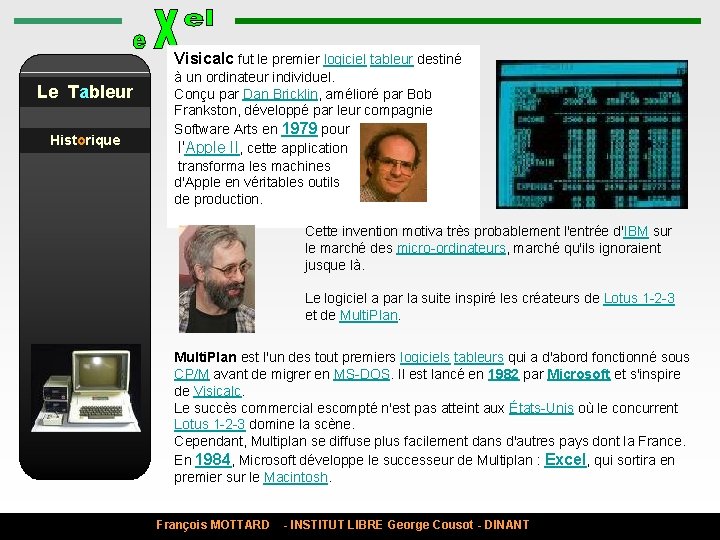 Visicalc fut le premier logiciel tableur destiné Le Tableur Historique à un ordinateur individuel.