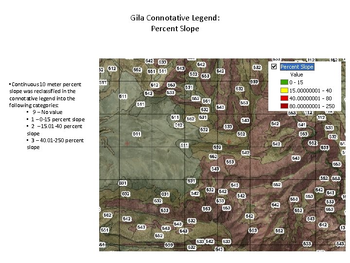 Gila Connotative Legend: Percent Slope • Continuous 10 meter percent slope was reclassified in Gila Connotative Legend: Percent Slope • Continuous 10 meter percent slope was reclassified in