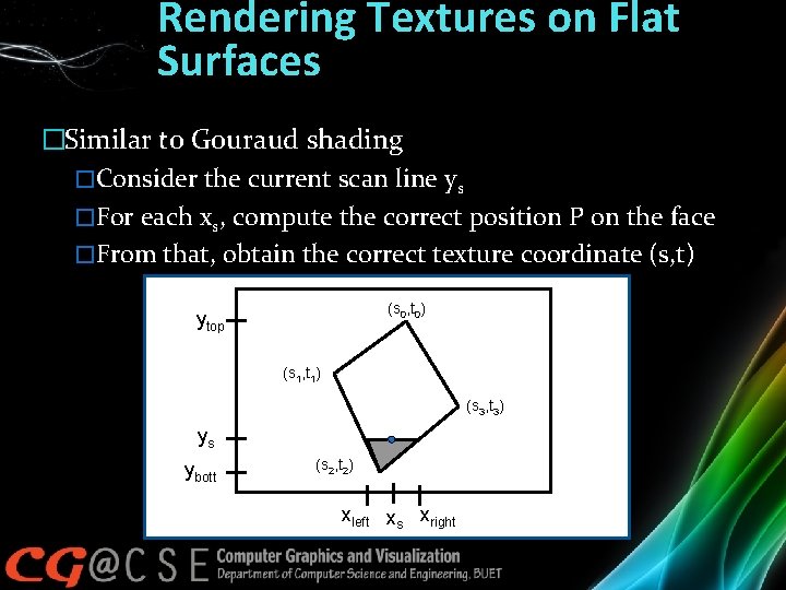 Rendering Textures on Flat Surfaces �Similar to Gouraud shading �Consider the current scan line