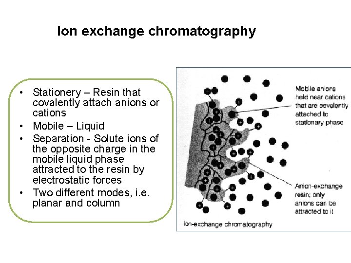 Ion exchange chromatography • Stationery – Resin that covalently attach anions or cations •