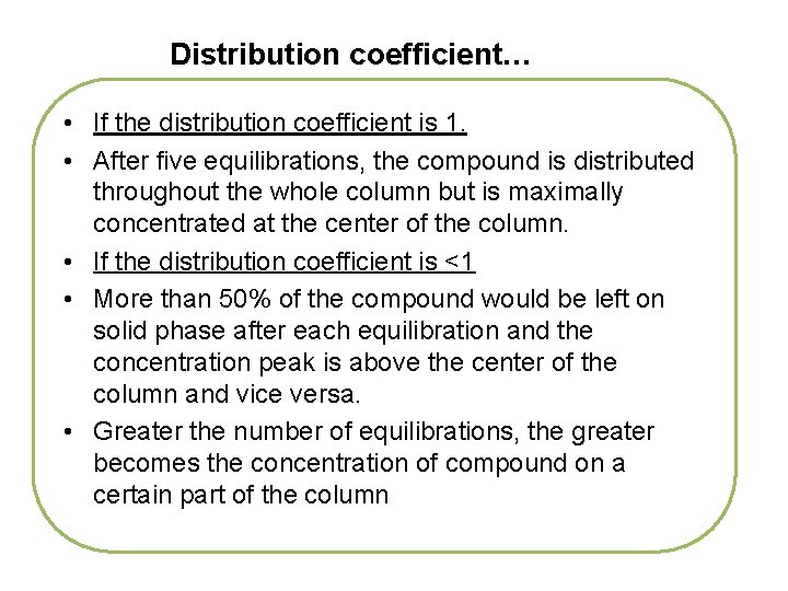 Distribution coefficient… • If the distribution coefficient is 1. • After five equilibrations, the