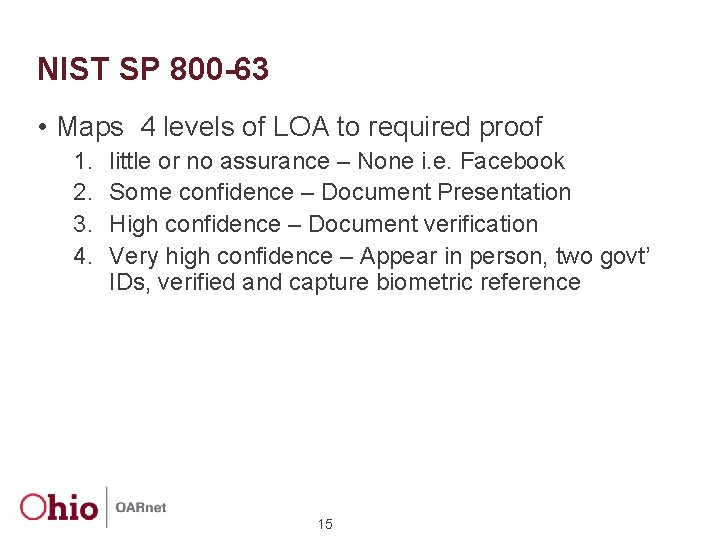 NIST SP 800 -63 • Maps 4 levels of LOA to required proof 1.